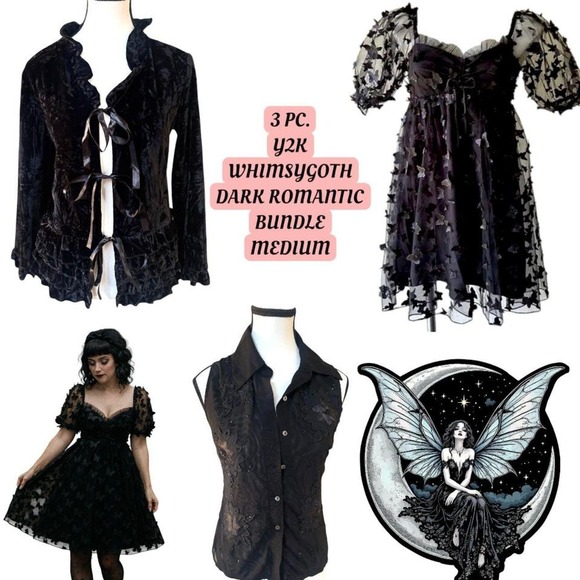 American Vintage Tops - 3 PIECE DARK FAIRY WHIMSY GOTH BUTTERFLY DRESS CORSET TIE‎ UP SWEATER TOP BUNDLE